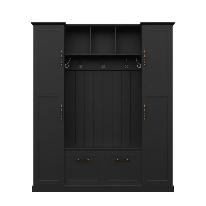 Farmhouse Hall Tree with 4 Side Cabinets, All-in-One Entryway Bench with Coat Rack & 5 Hooks, All-in-One Coat Rack with Adjustable Shelves & Open Cubbies