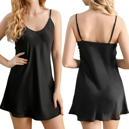 

Biekopu Women Chemise Satin Nightdress Solid Color Sleeveless Deep V-Neck Backless Nightgown