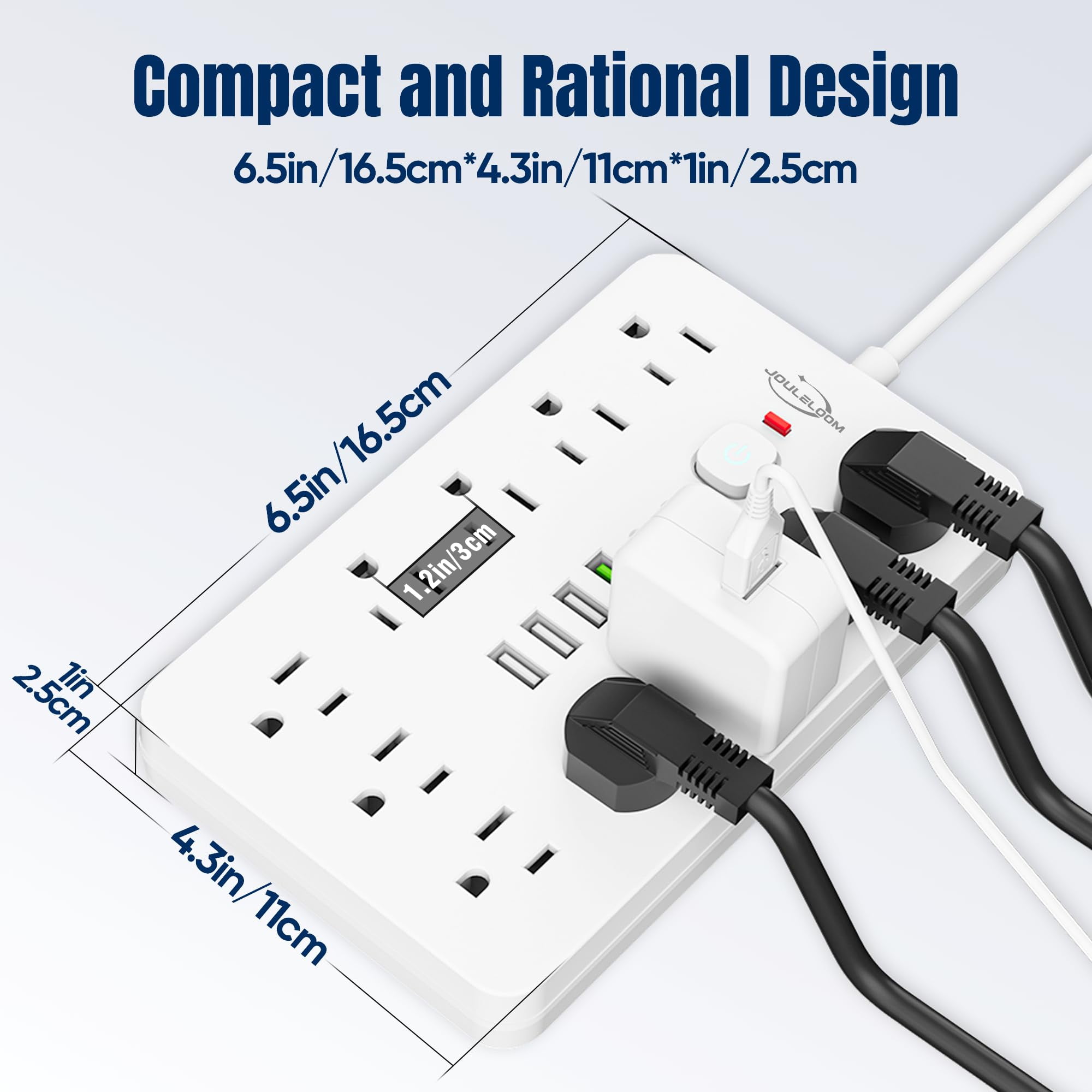 20 Ft Flat Plug Surge Protector Power Strip 11 Multiple Ac Outlets With 6 Usb Ports (2 C)  20 Feet Extension Cord 1250w/10a One Touch Button White