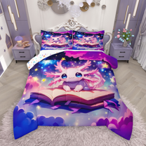 Manfei Kawaii Axolotl Full Size Comforter Sets 3-Piece for Kids Girls, Psychedelic Galaxy Stars Bedding Comforter Set, Magic Book Bedding Sets, Ultra Soft Home Decor