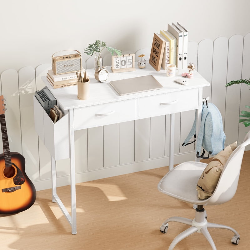 Gianna 32 Inch Desk with 2 Drawers Home Office Computer PC Table with Fabric Storage Bag, Study Writing Wood Deskboard for Small Spaces,White