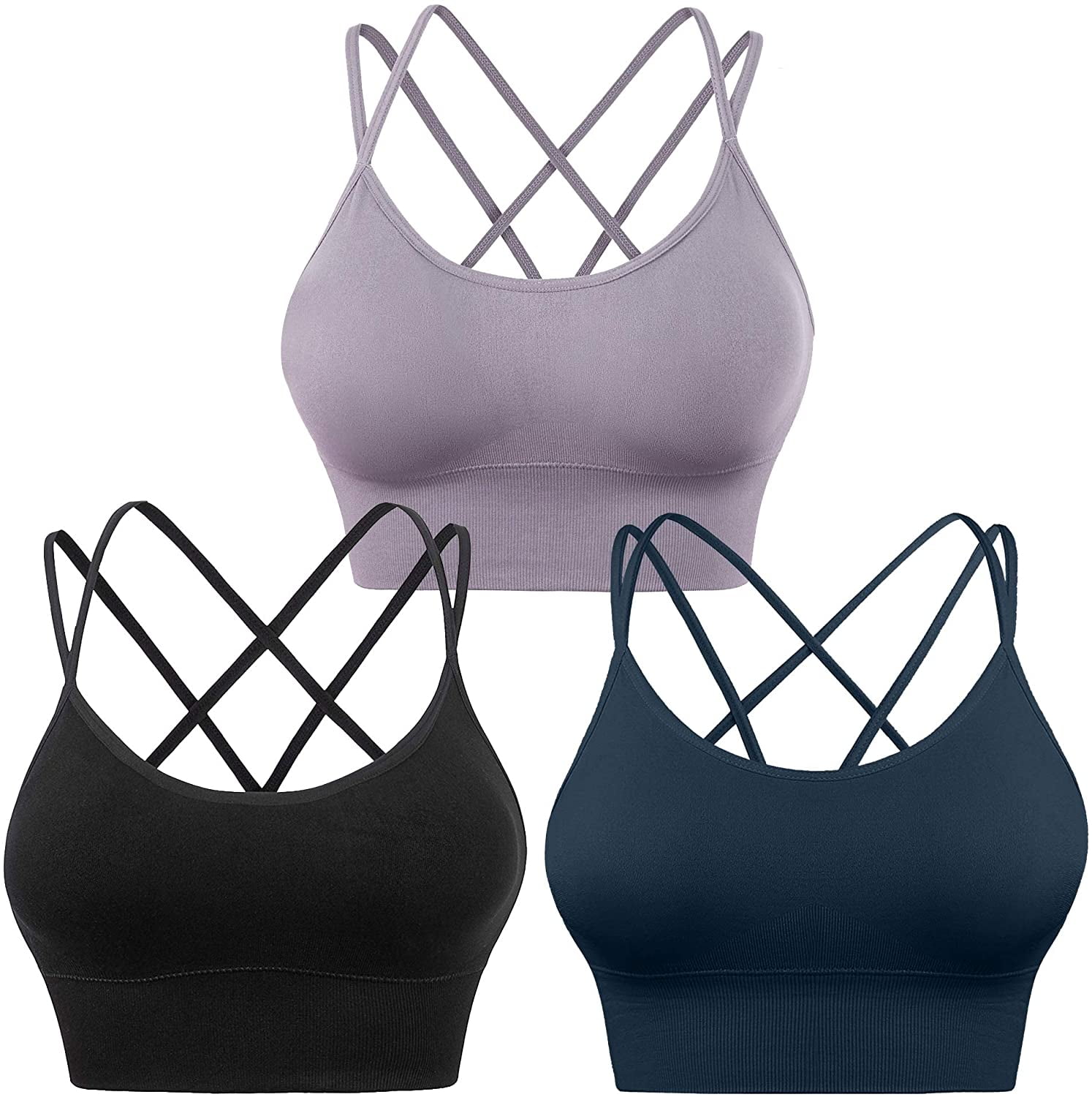 3 PACK Cross Back Sport Bras Padded Strappy Criss Cross Cropped Bras