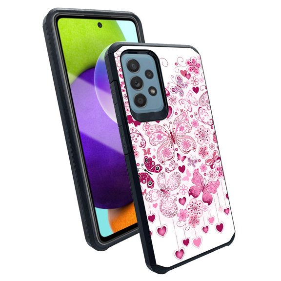 ANJ  Slim Dual Layer Shockproof Case   Tempered Glass Cover for Samsung Galaxy A52 5G - Butterfly Hearts