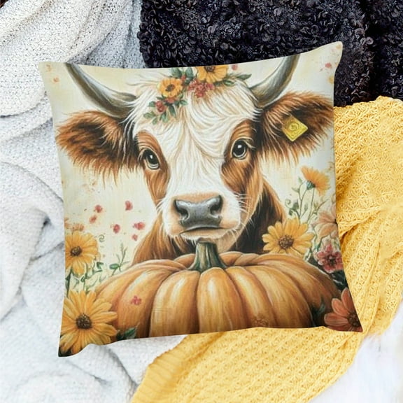 ZFLMY Farmhouse Fall Pillows Cover Highland Cow Decor Throw Pillow Covers Cute Cattle in Pumpkin Maple Pillowcase Cushion Case Fall Pillow Decorative for Couch Sofa Home Home Outdoors 18x18in
