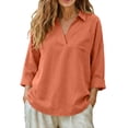 thumbnail image 2 of VBVC Women's Cotton Linen Look Blouse,V-Neck 3/4 Sleeve Shirt For Women,Ladies Summer Work Office Tops with Pocket,Orange,S-3XL, 2 of 7