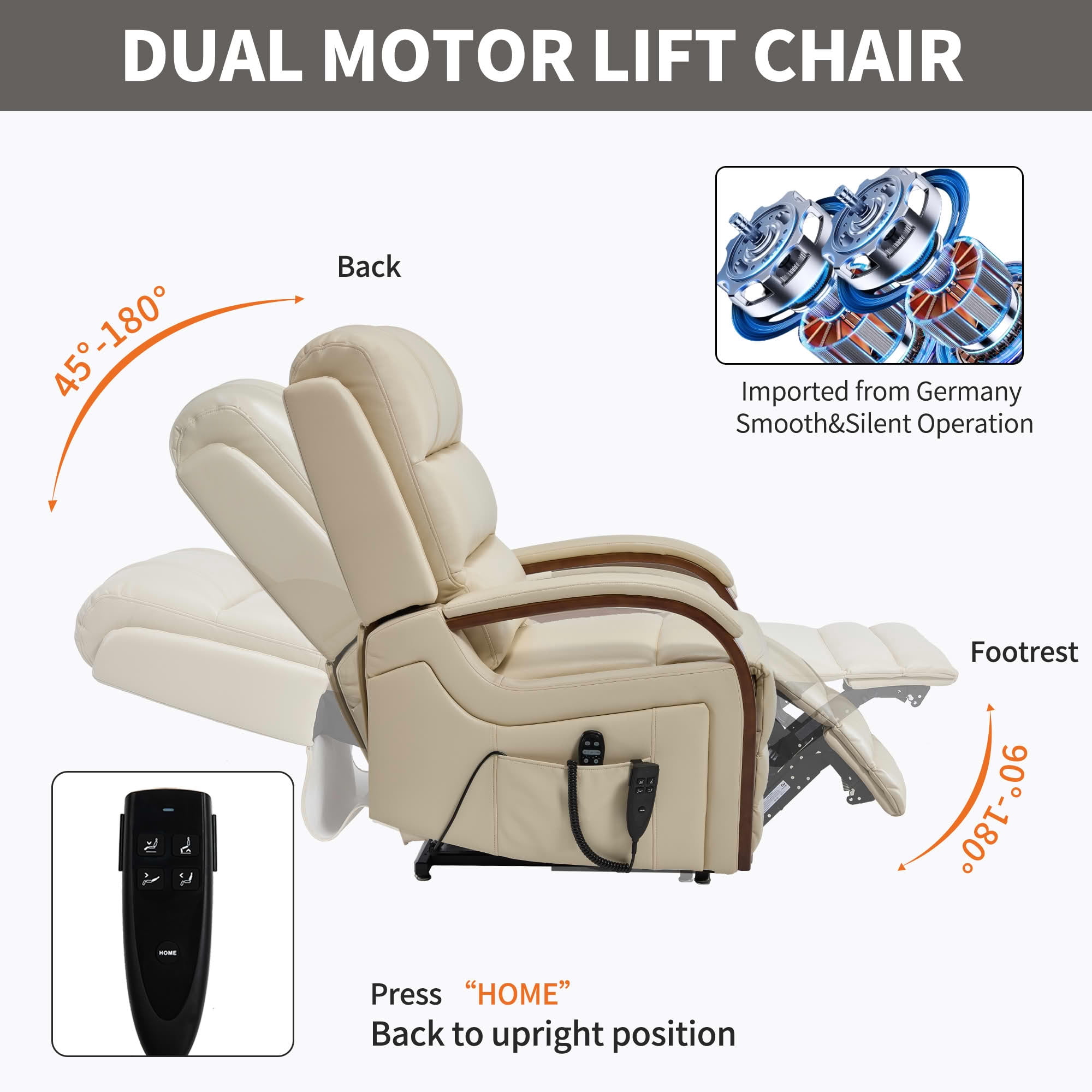 MAYEERTY Beige Leatheraire Dual Motor Power Lift Recliner, 350lbs Solid Wood Armrest Massage Heat 30"x36"x43" for Elderly