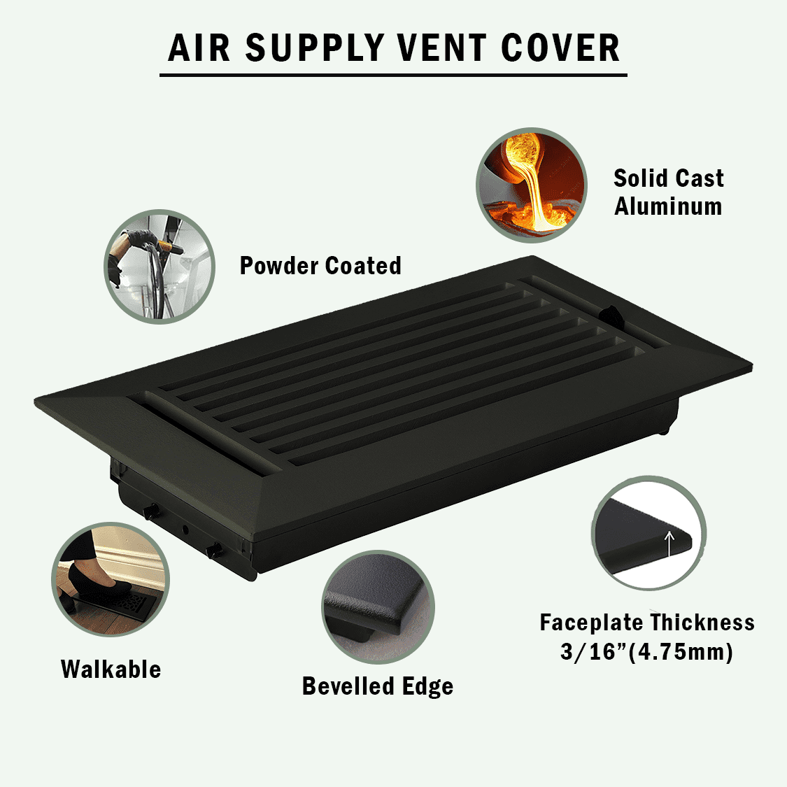 Linear 4"x8" Solid Cast Aluminum Air Supply louvered Vent | Powder Coated