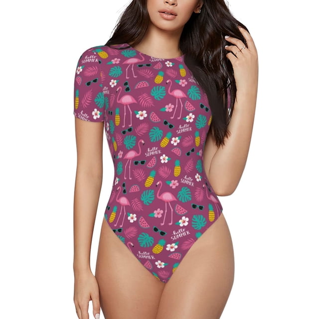 Fotbe Summer Flamingo Body de Mujer con Cuello Redondo y Mangas Cortas, Sin Mangas Ajustado, Suave, Cómodo y Básico-Medium