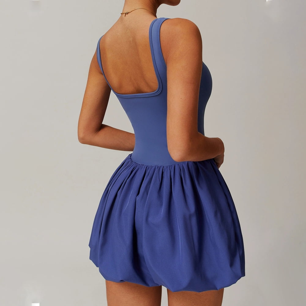 adaychics Tennis Dresses for Women with Shorts Square Neck Sleeveless Backless Casual Workout Bubble Mini Dress with Shorts for Running