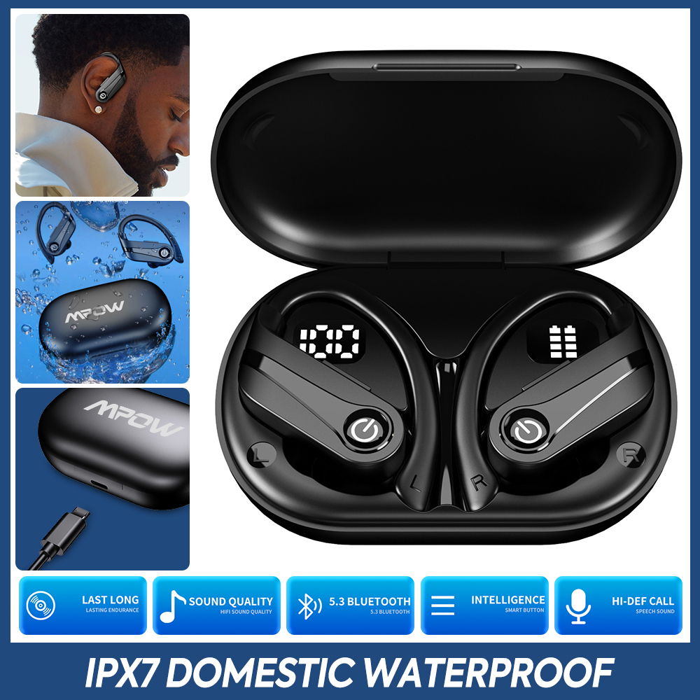 MPOW Bluetooth 5.3 Sport Earbuds, Wireless Headphones with Mic and LED Digital Display, IPX7 Waterproof Over Ear Earphones for Sports Running
