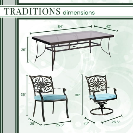 Hanover Traditions 7-Piece Dining Set in Blue with Extra Large Glass-Top Dining Table