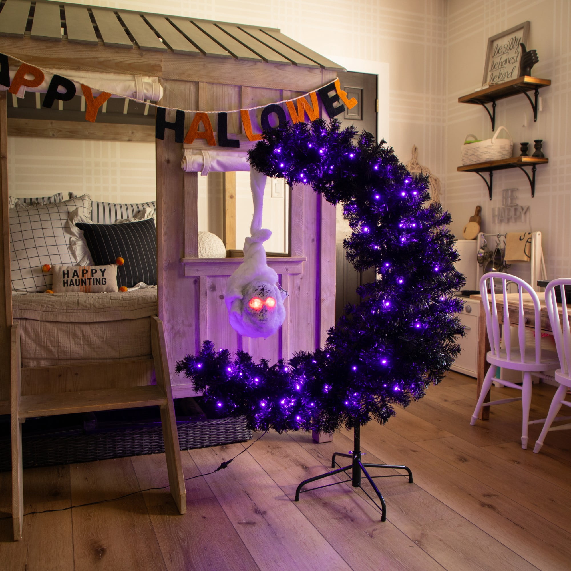 Nearly Natural 4ft. Pre-Lit Artificial Halloween Black Moon & Skull Tree with 250 Orange & Purple LED Lights