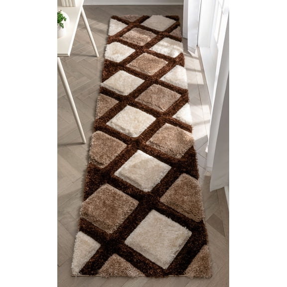 Well Woven Parker Brown Geometric Boxes Thick Soft Plush 3D Textured Shag (2'7" x 9'10") Runner Rug