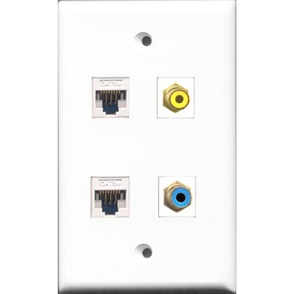 RiteAV 1 Port RCA Yellow and 1 Port RCA Blue 2 Port Cat5e Ethernet White Wall Plate