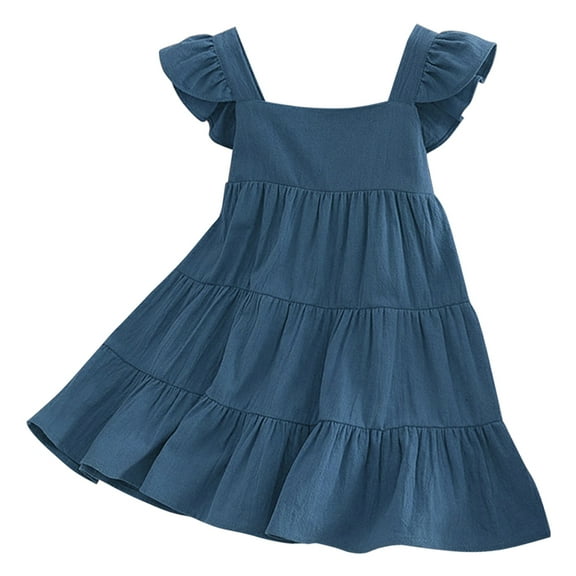 GYRATEDREAM Girls Dress Flutter Sleev Dress Kids Summer Clothes Solid Color Loose Fit Sundress Casual Midi Dresses