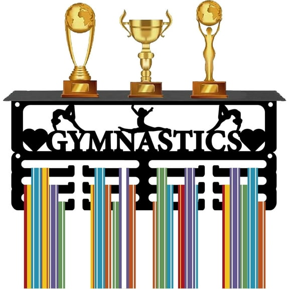 1 Set Gymnastics Medal Hanger Display Trophy Shelf with 12Hooks Metal Medal Holder for Wall Mount Stand Hanging Hold 70  Sports Medals Organizer Rack Ribbon Display for Soccer Awards 11.4x5x4Inch