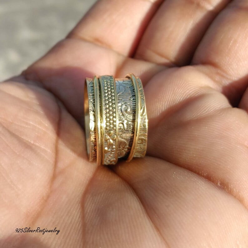 TRIDHA SILVER- Brass Spinner Ring - Wide Band Fidget Spinner Ring with Engraved Brass Band for Stress Relief Jewelry and Anxiety Meditation Focus Tool