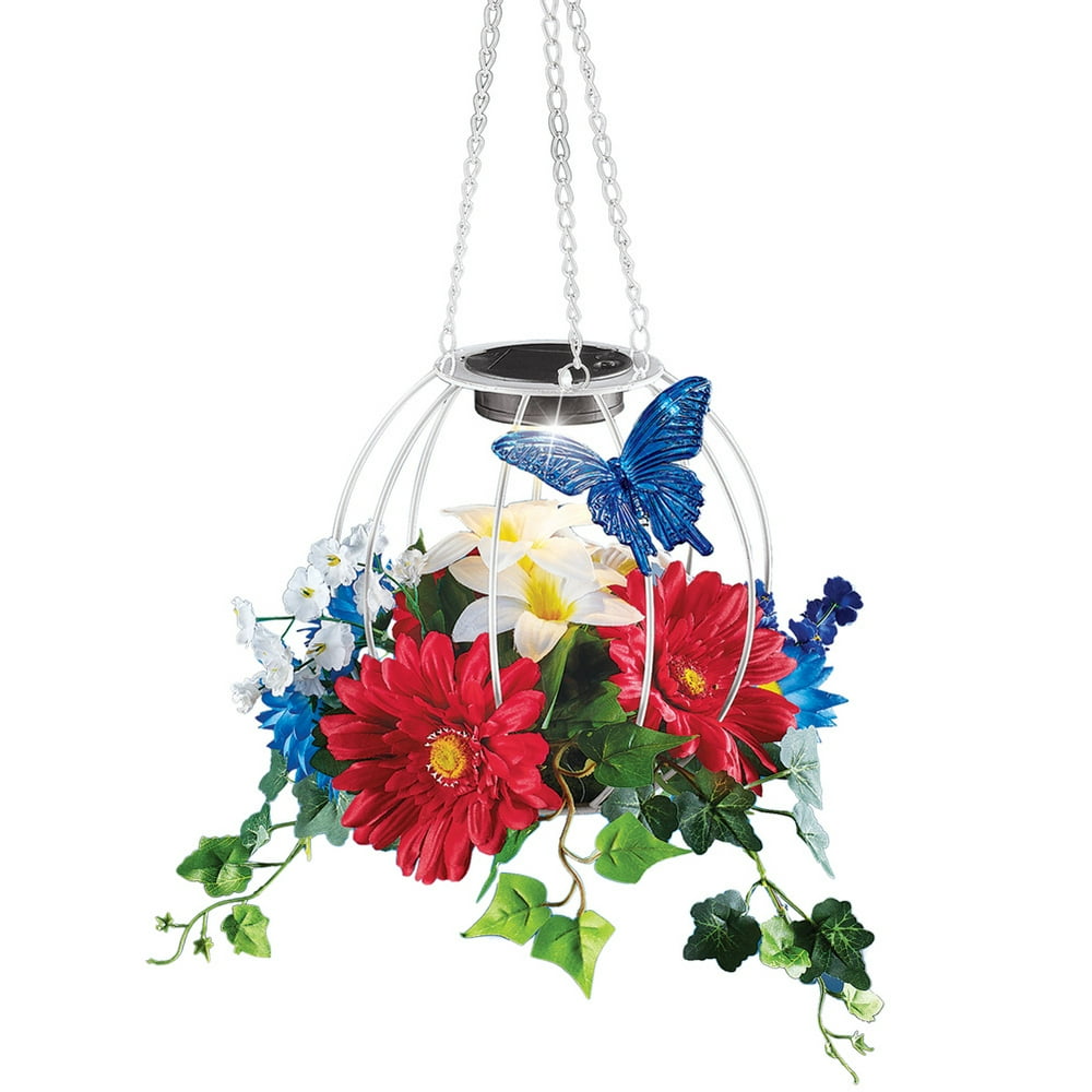 Solar Lighted Patriotic Floral Hanging Basket Decoration - Perfect for ...