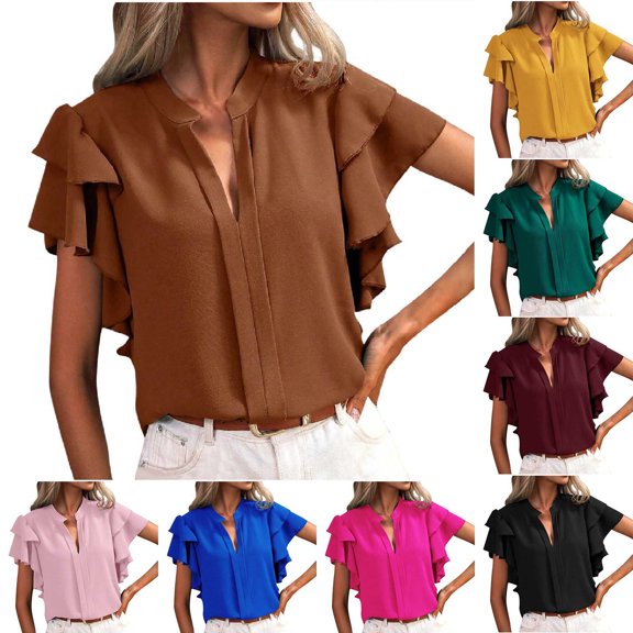 YHAJDS Womens Tops V Neck Short Sleeve Blouse With Double Layer Flounce Hem Solid Color Casual Top