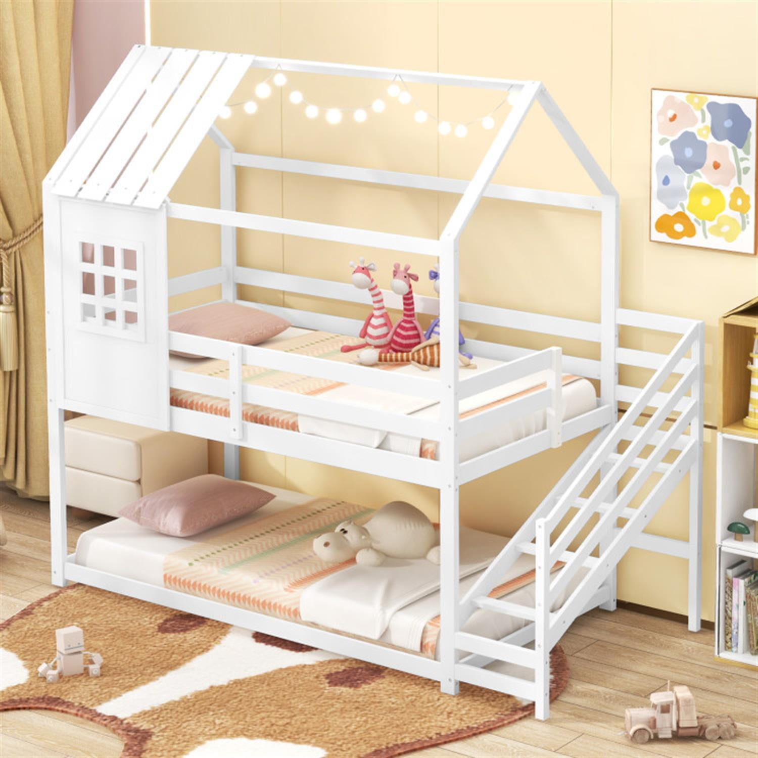 Demi Bonn Twin Over Twin Bunk Bed with Stairs and Roof, Twin Bunk Beds, Space-saving Solid Wood House Bed Frame, White