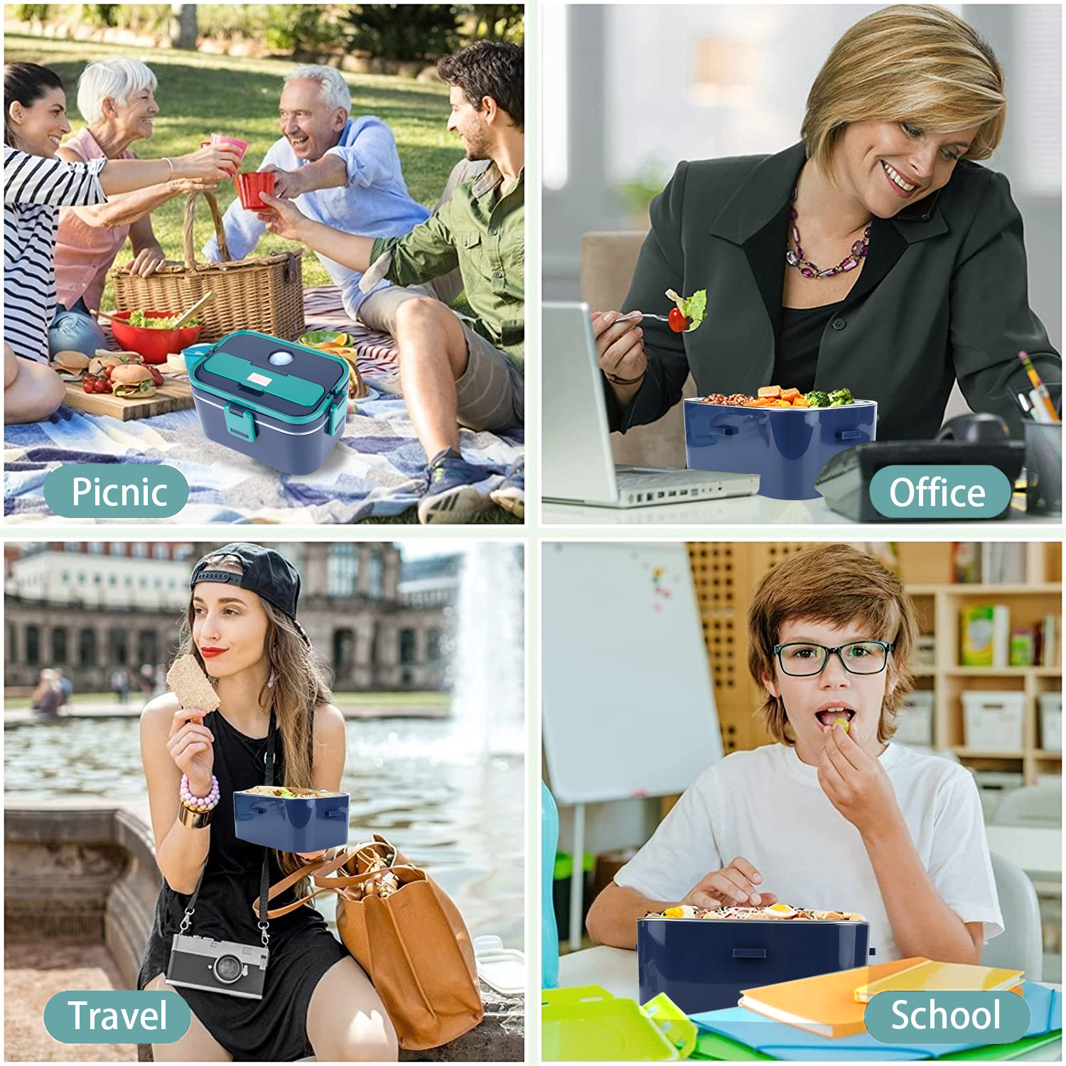 Romanda 1.8L Electric Heated Lunch Boxes for Adults 12V/24V/110V Portable Electric Lunch Box for Car/Office/Home – Leak Proof, 304 Stainless Steel Container, SS Fork & Spoon and Carry Bag - Sky Blue