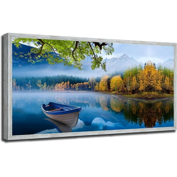 Aaheei Lake Canvas Wall Art Blue Mountain Sky Nature Landscape Boat Picture Artwork Modern Scenery Painting for Living Room Bedroom Bathroom Home Office Wall Decor