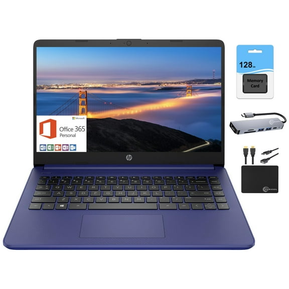 HP Newest 14" HD Light Thin Laptop Student Business, Quad-Core Intel N4120, 8GB RAM, 192GB (64GB eMMC  128GB SD), Webcam, Wi-Fi, Long Battery, Windows 11S  1 Year Office 365 MarxsolAccessory Blue