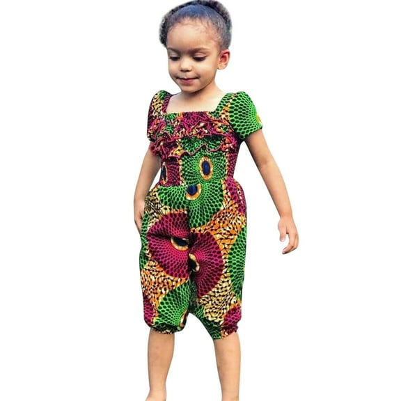 Toddler Kids Casual Jumpsuit Toddler Kids Girls African Traditional Style Short Sleeve Ruffles Romper Jumpsuit Ankara Playsuit Harem Pants Outfits 1-6 Years