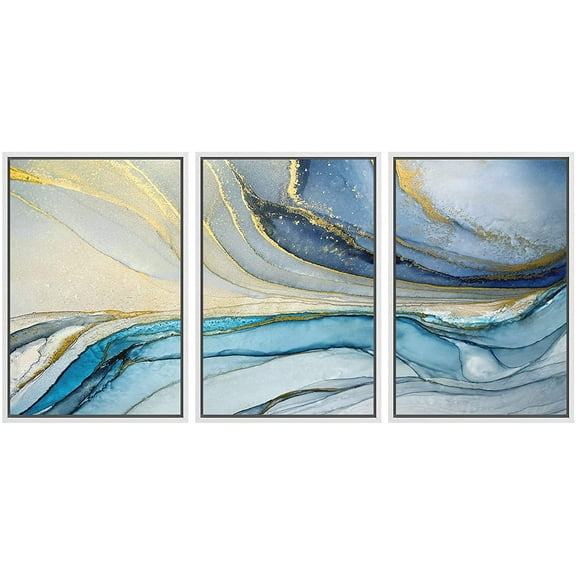 wall26 Framed Canvas Print Wall Art Set Gold Blue Pastel Watercolor Landscape Abstract Shapes Illustrations Modern Art Decorative Boho Colorful for Living Room, Bedroom, Office - 16"x24"x3