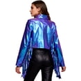 thumbnail image 2 of Haitryli Shiny Fringe Cropped Jacket for Women Long Sleeve Lapel Zip Up Western Style Biker Outerwear Iridescent L, 2 of 6