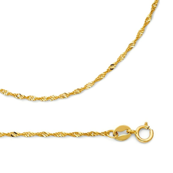 Solid 14k Yellow Gold Necklace Singapore Chain Twisted Link Diamond Cut Polished Thin 1.2 mm 16 inch