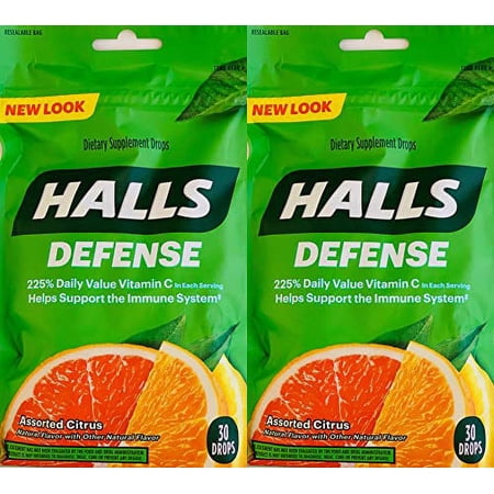 Halls Defense Vitamin C Assorted Citrus Cough Drops, 30-Count (2 Pack) (2 Pack)
