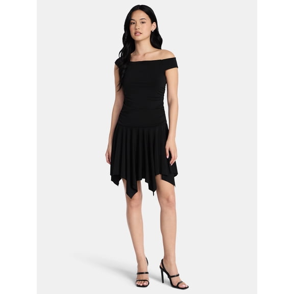 Madden NYC Women’s Off-the-Shoulder Mini Dress with Sharkbite Hem, Sizes XXS-XXL