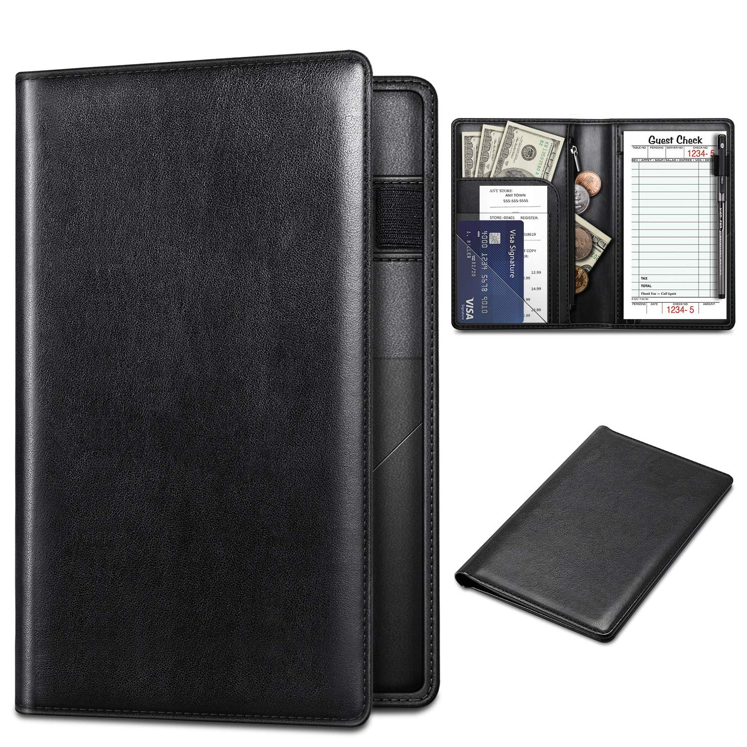 Fintie Server Book Organizer with Zipper Pocket, PU Leather Restaurant Guest Check Presenters Card Holder for Waitress, Waiter, Bartender, Black