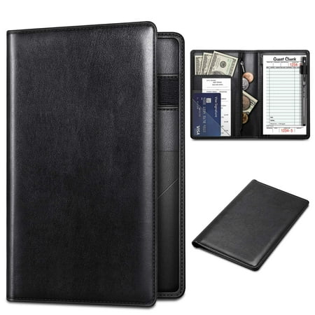 Fintie Server Book Organizer with Zipper Pocket, PU Leather Restaurant Guest Check Presenters Card Holder for Waitress, Waiter, Bartender, Black