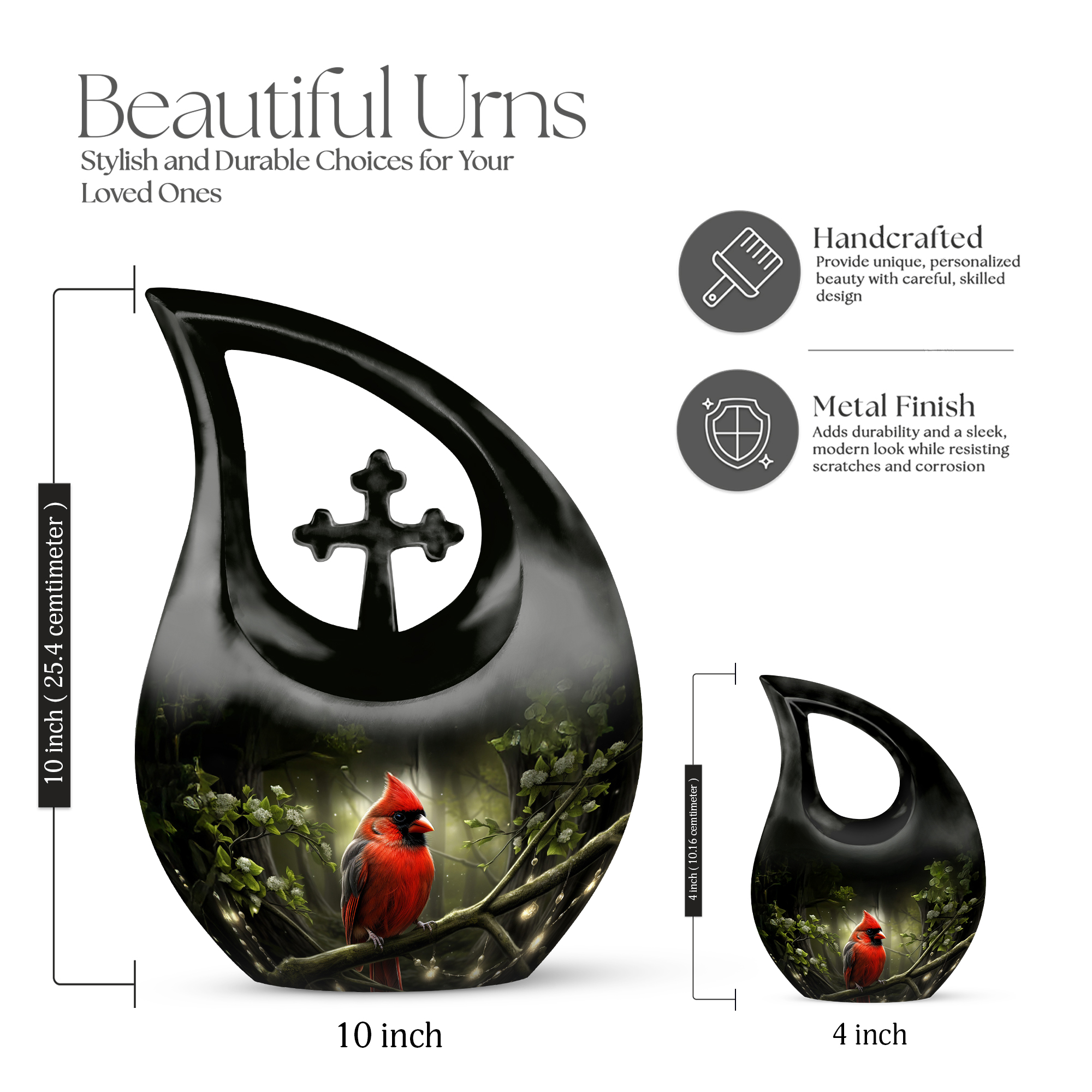 MUKTIVE Red Cardinal Large Cremation Urn for Human Ashes Male & Female - Cross Drop Black Memorials & Funerary Urns - Remembrance Gift for Loss for Dad - Cremation Ashes Holder - 10 Inch