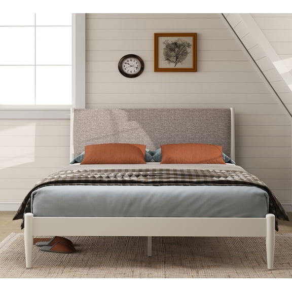JUYG Queen Rubberwood Platform Bed, Cream White