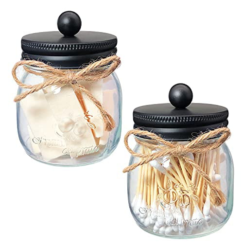 Cute Qtip Dispenser Holder Vanity Canister Jar Glass with Lid for Cotton Swabs,Rounds,Bath Salts,Makeup Sponges,Hair Accessories/Black（2 Pack） Apothecary Jars Bathroom Storage Organizer 