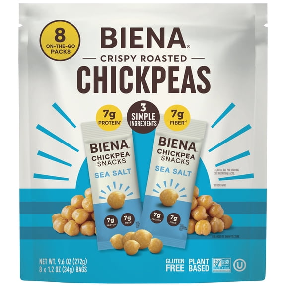 BIENA Crispy Roasted Chickpea Snacks, High Protein Snack, High Fiber Plant-Based Snack, Gluten Free, Non-GMO, Healthy Office Snacks, Sea Salt, 8 Pack
