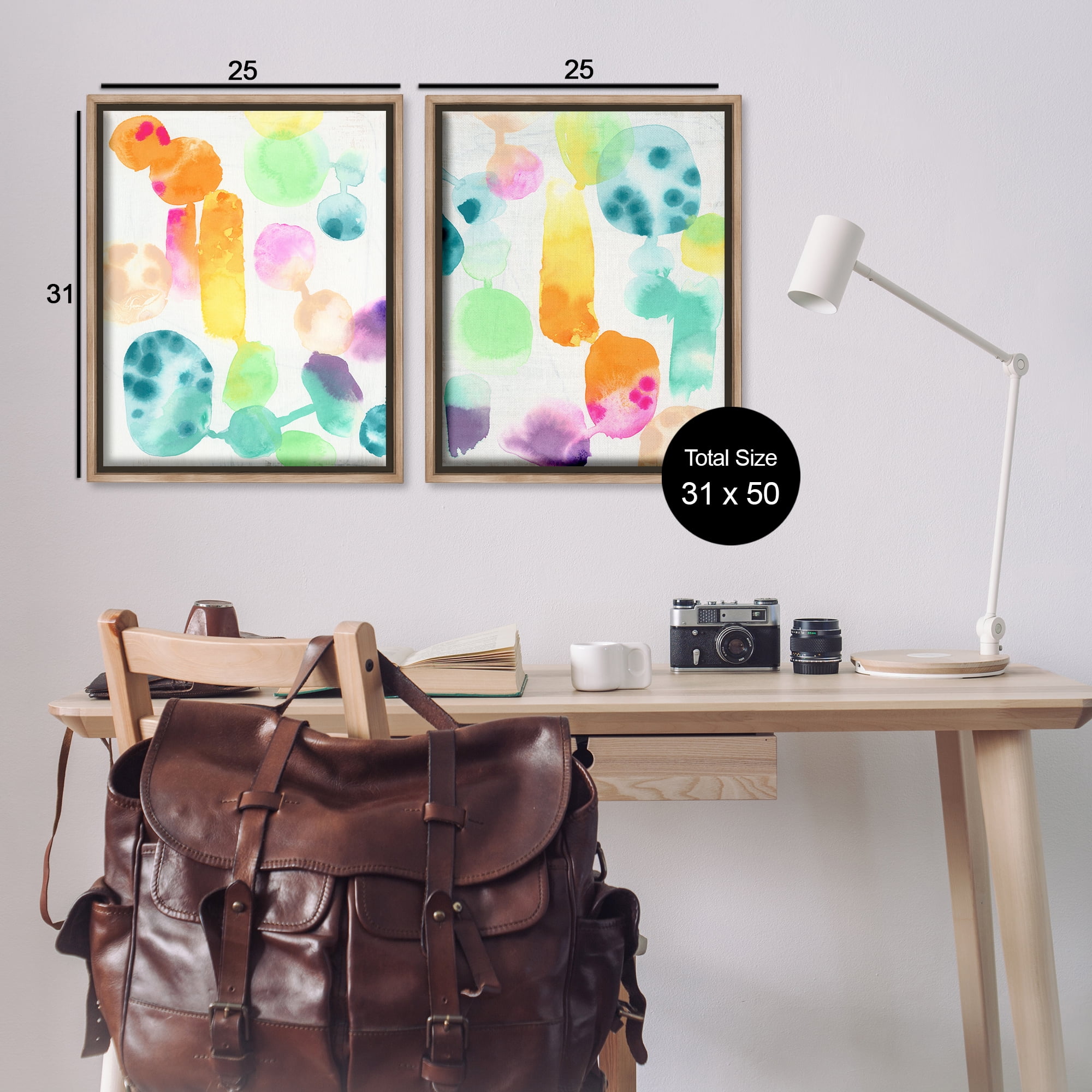 Stupell Industries Neon Colorful Abstract Shapes Abstract Painting Brown Floater Framed Canvas Art Print Wall Art, 31 x 25, Set of 2
