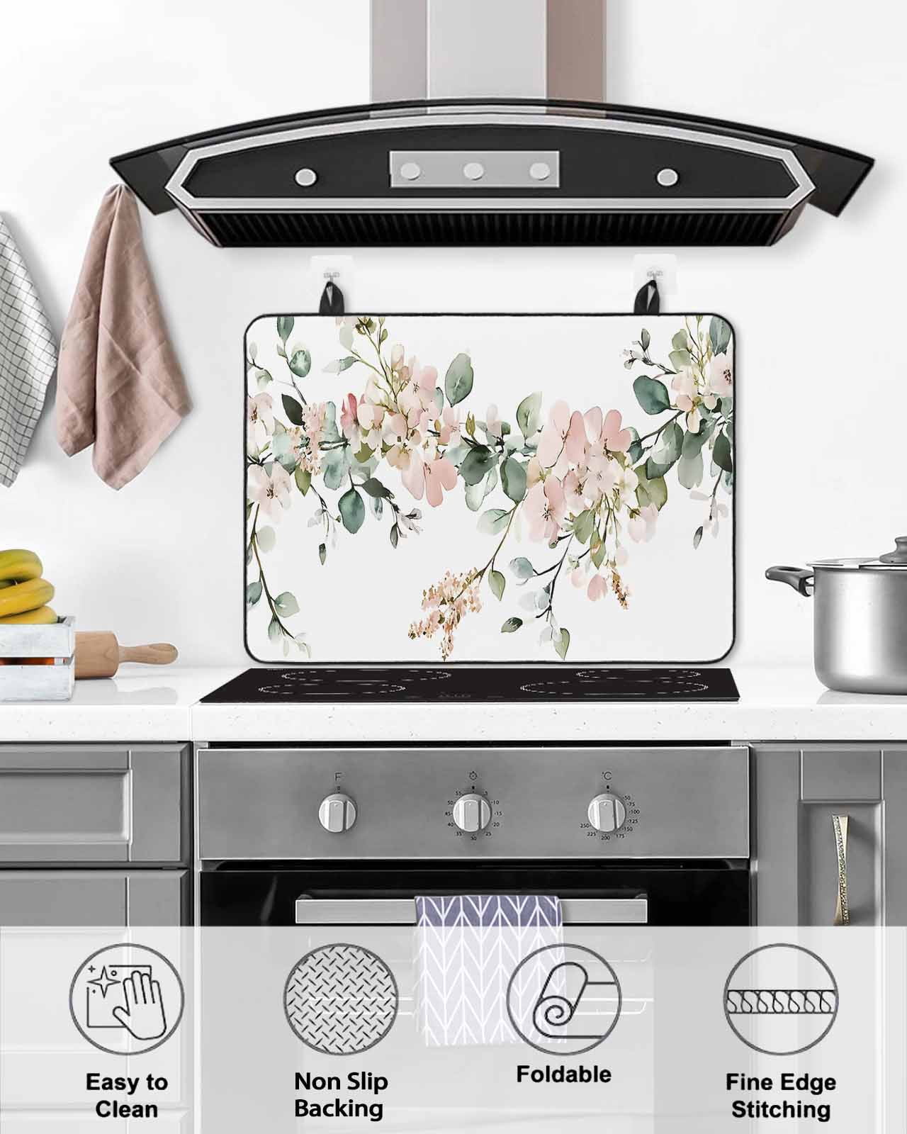 nqOlkjepod Large Induction Cooktop Protector Mat 36"x21", Eucalyptus Floral Stove Top Covers for Electric Stove, Vintage Spring Botanical Leaves Stove Burner Cover Mats, Glass Top Stove Cover