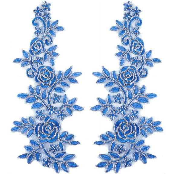 4Pcs Embroidery Lace Appliques Flower Embroidered Patch Gold Metallic Edge Floral Lace Fabric Sew on Appliques for DIY Sewing Crafts Dress Clothing Backpacks Embellishments Royal Blue Royal Blue