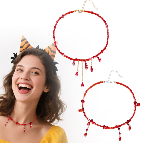 SeekLGT Blood Necklace Gothic Blood Drop Fringe Necklace Dripping Blood Choker Beaded Tassels Vampire Jewelry Accessories Halloween Costume Statement Piece for Women, 1 pc