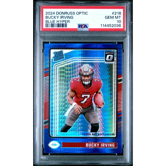Graded 2024 Panini Donruss Optic Bucky Irving #216 Blue Hyper Rookie RC Football Card PSA 10 Gem Mint