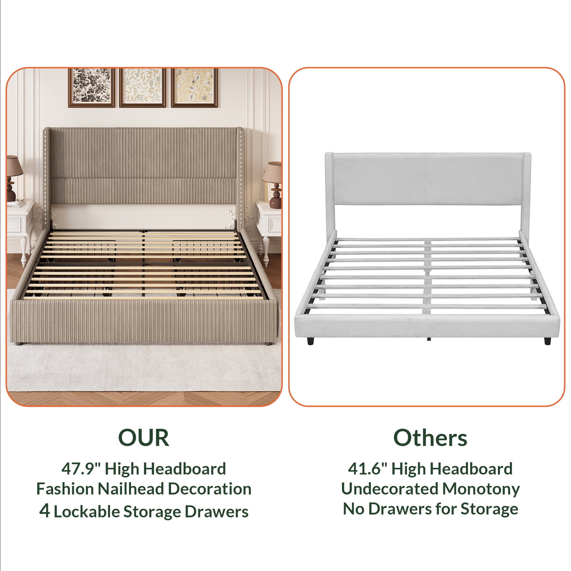 Larmace Upholstered Corduroy Bed Frame King Size with 4 Storage Drawers,Platform Bed Frame with Vertical Stripe Wingback Headboard,Brown