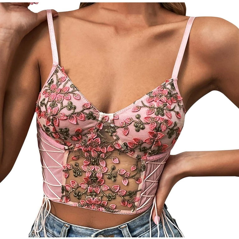 RQYYD Reduced Women's Y2K Crop Bustiers Deep V Neck Floral Lace Embroidery  Cute Cami Crop Top Bralette Tops Drawstring Corset Tops(Pink,S) 