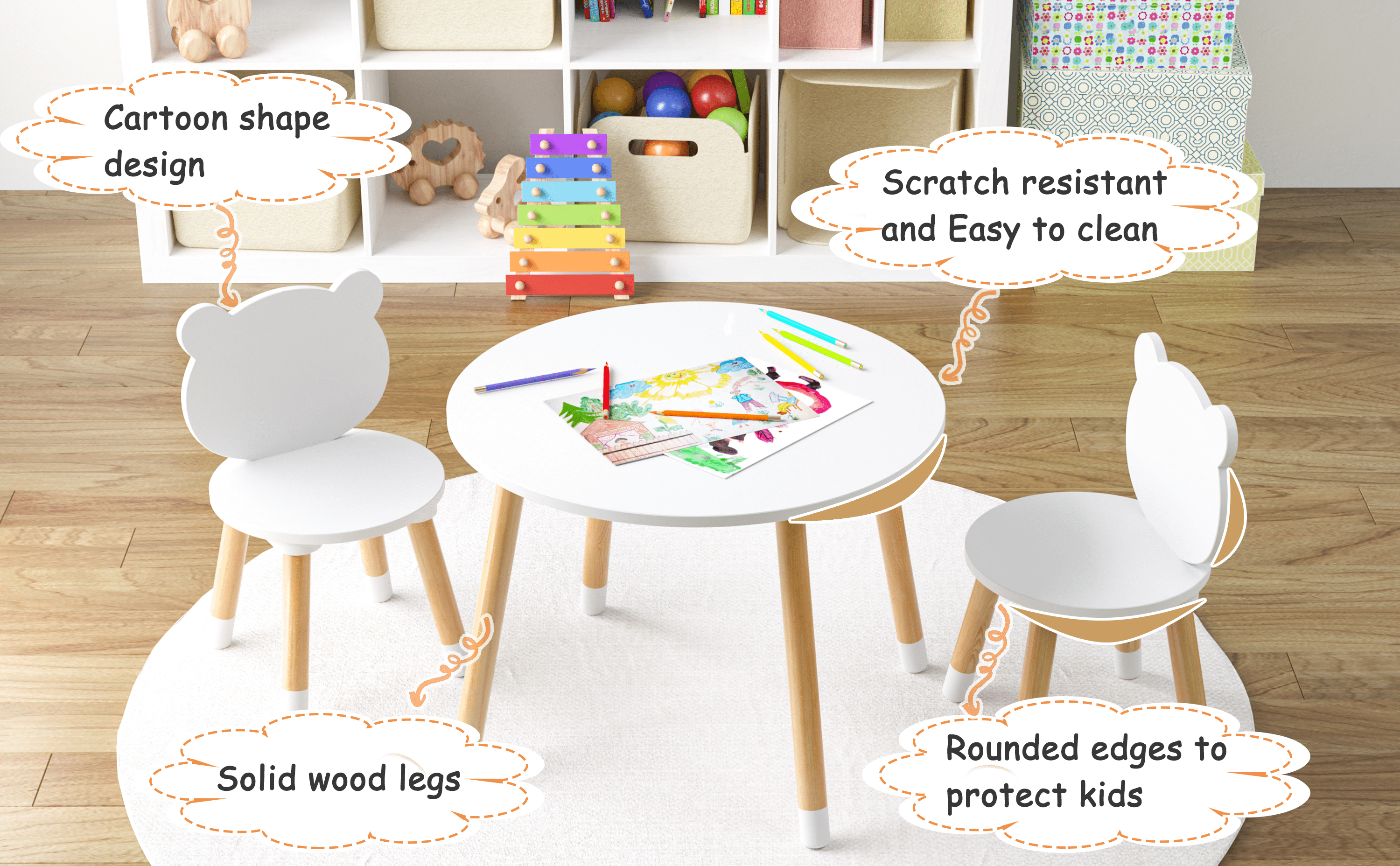 STAROUS 3-Piece Multifunction Kids Round Table and Chair Set, White