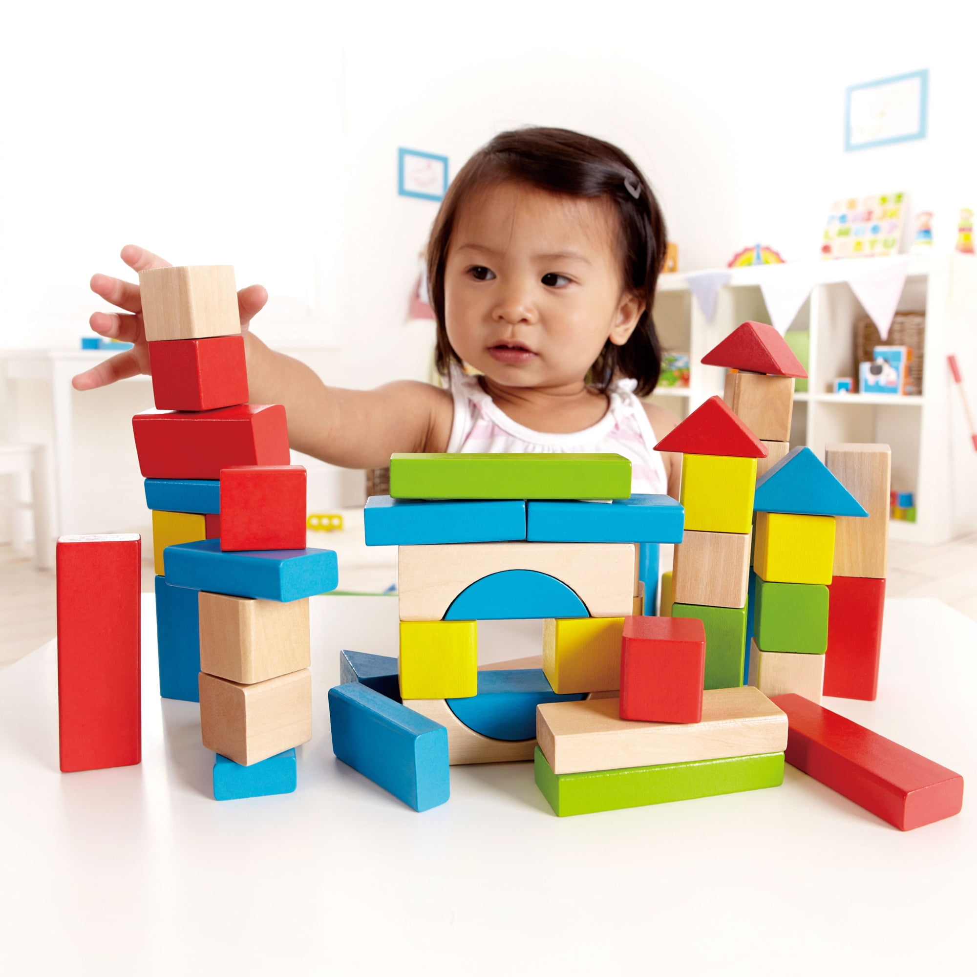 Maple Wood Kids Building Blocks by Hape | Stacking Wooden Block Educational  Toy Set for Toddlers, 50 Brightly Colored Pieces in Assorted Shapes and