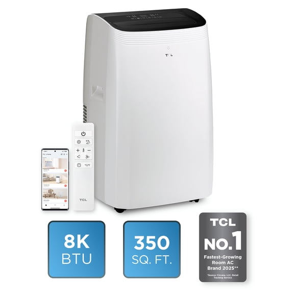 TCL 8,000 BTU Smart Portable Air Conditioner (White) - 3-in-1 Cooling, Fan & Dehumidifier, Auto Swing, Matter-Enabled, Quiet Operation, Sleep & Auto Modes, Compact Window Fit 20”-59” - W8P95-5
