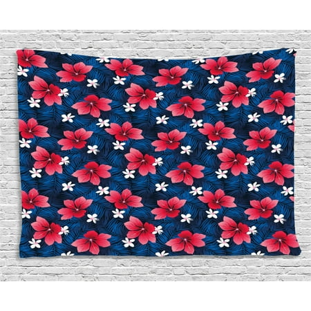 Navy and Blush Tapestry, Exotic Flora Pattern with Hibiscus and Plumeria Blossoms Hawaiian, Wall Hanging for Bedroom Living Room Dorm Decor, 60W X 40L Inches, Navy Blue Dark Coral, by Ambesonne